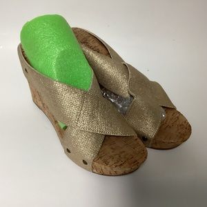 LUCKY BRAND Women’s Size 9.5 Cork Wedges LK-MILLER2 Gold Beige Elastic